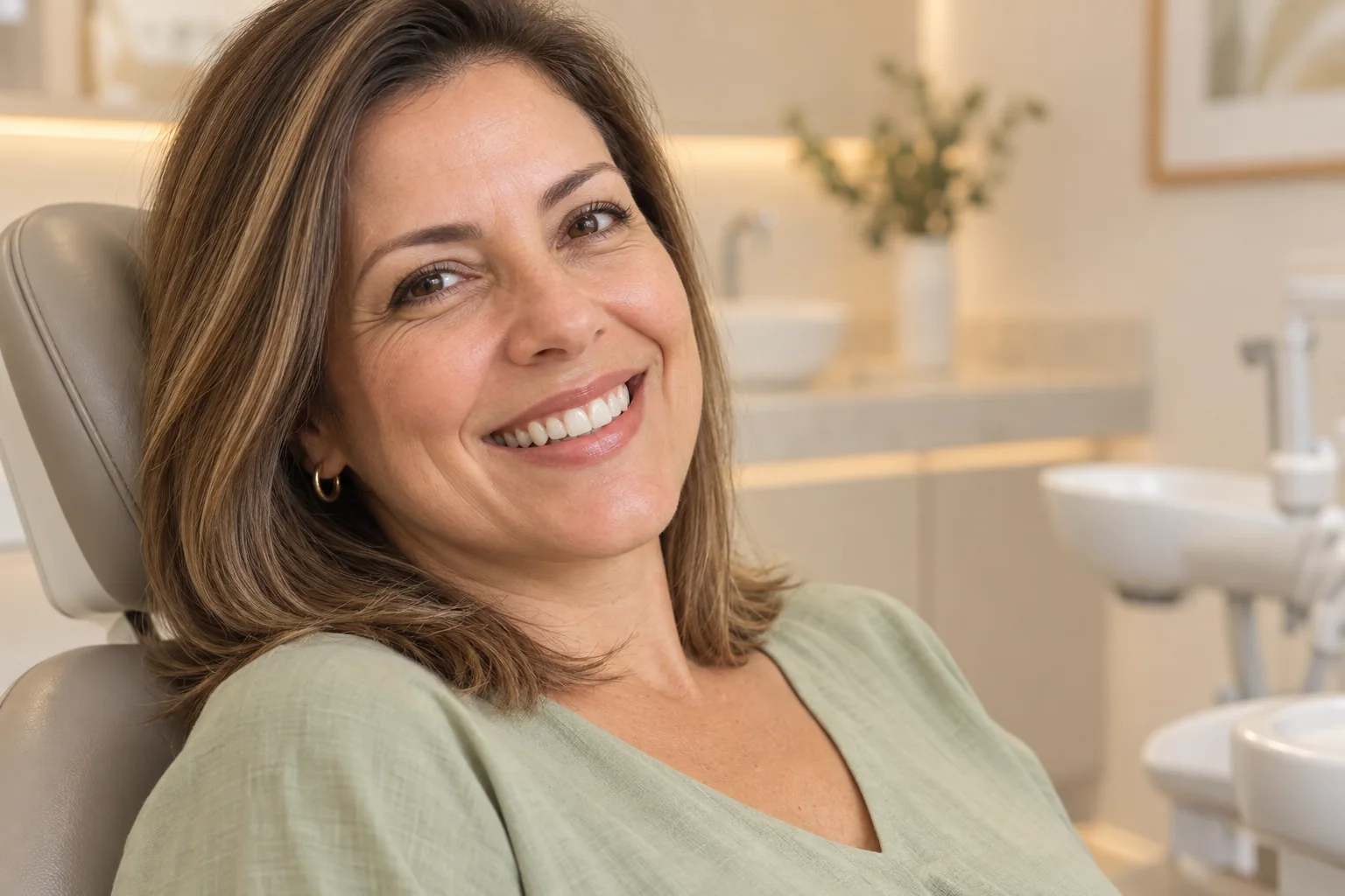 Paciente adulta sorrindo em consultório odontológico