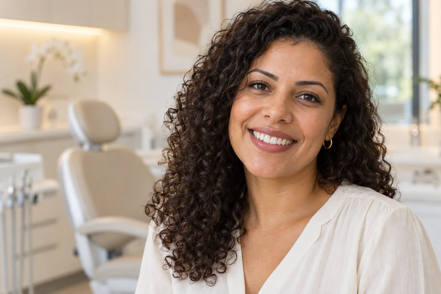 Paciente sorrindo em ambiente odontológico