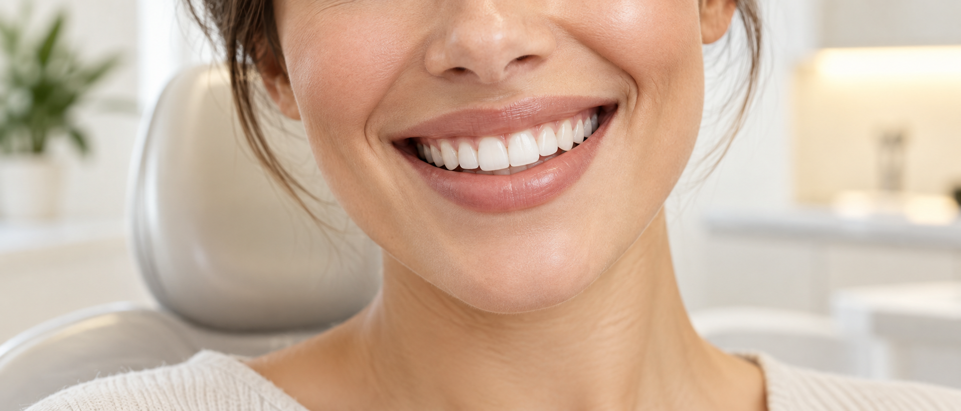 Sorriso iluminado em ambiente odontológico para clareamento dental