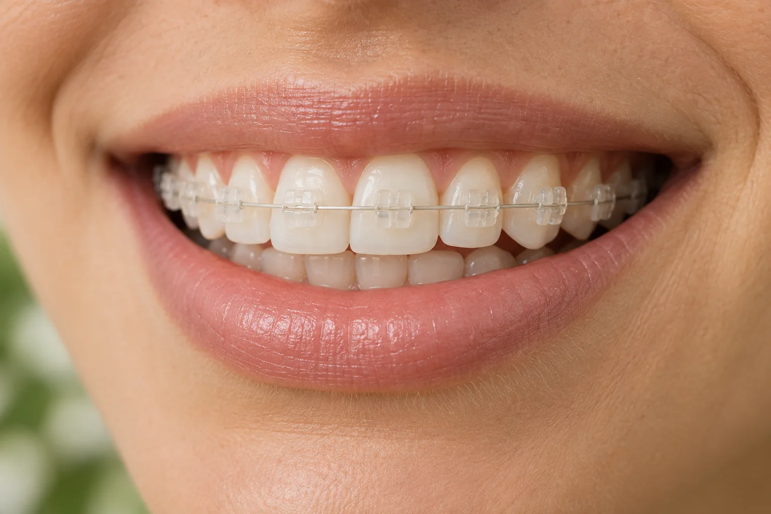 Sorriso com aparelho ortodôntico estético