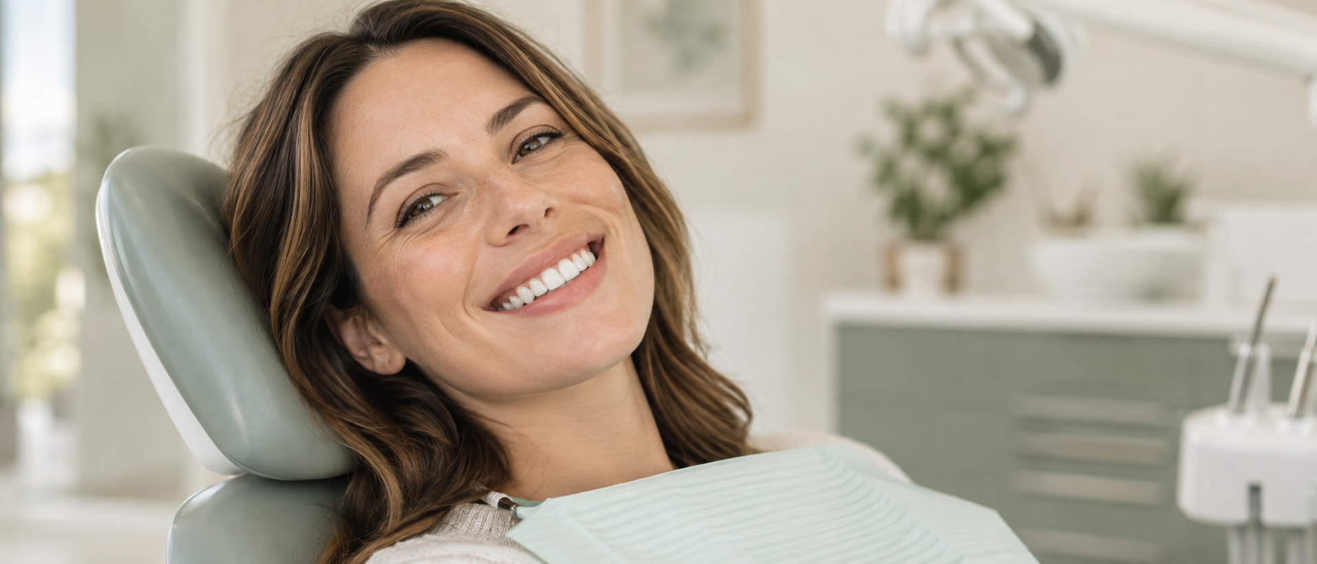 Paciente sorrindo em ambiente clínico durante cuidado restaurador e preventivo